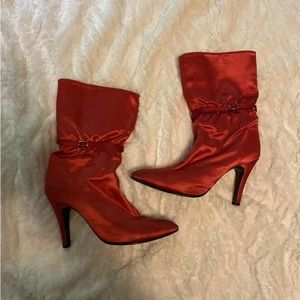 Red Satin Vintage High Heel Boots Size 10
